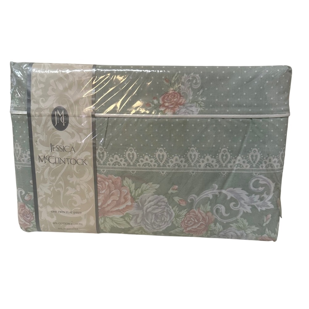 Jessica McClintock Spring Sonata Twin Flat Sheet Sage Floral Polka Dot Vintage